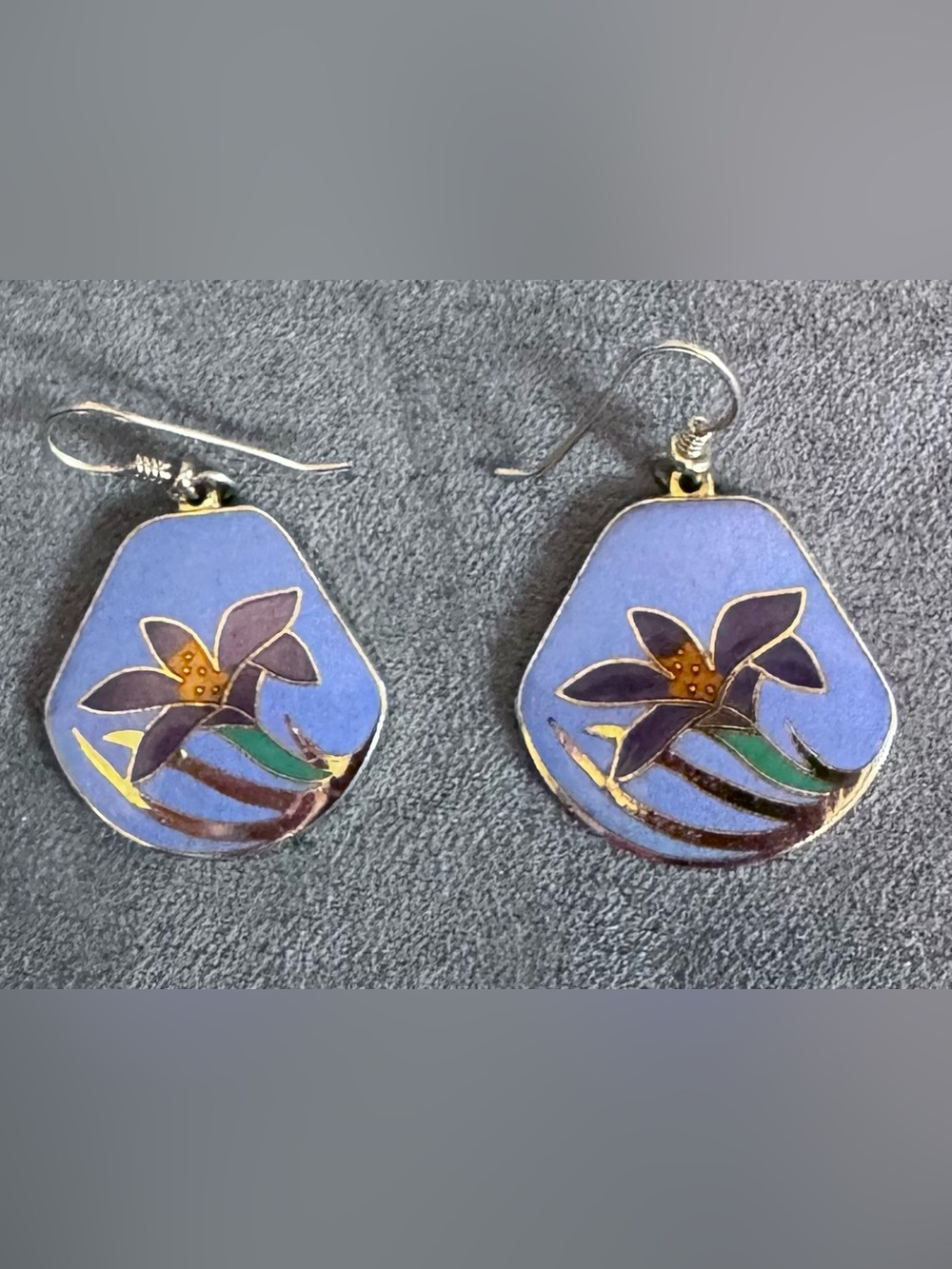 Laurel Burch Lavender and Purple Floral Cloisonné Drop Earrings